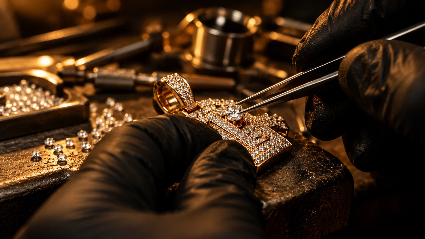 A jeweller setting stones into a pendant at the bench