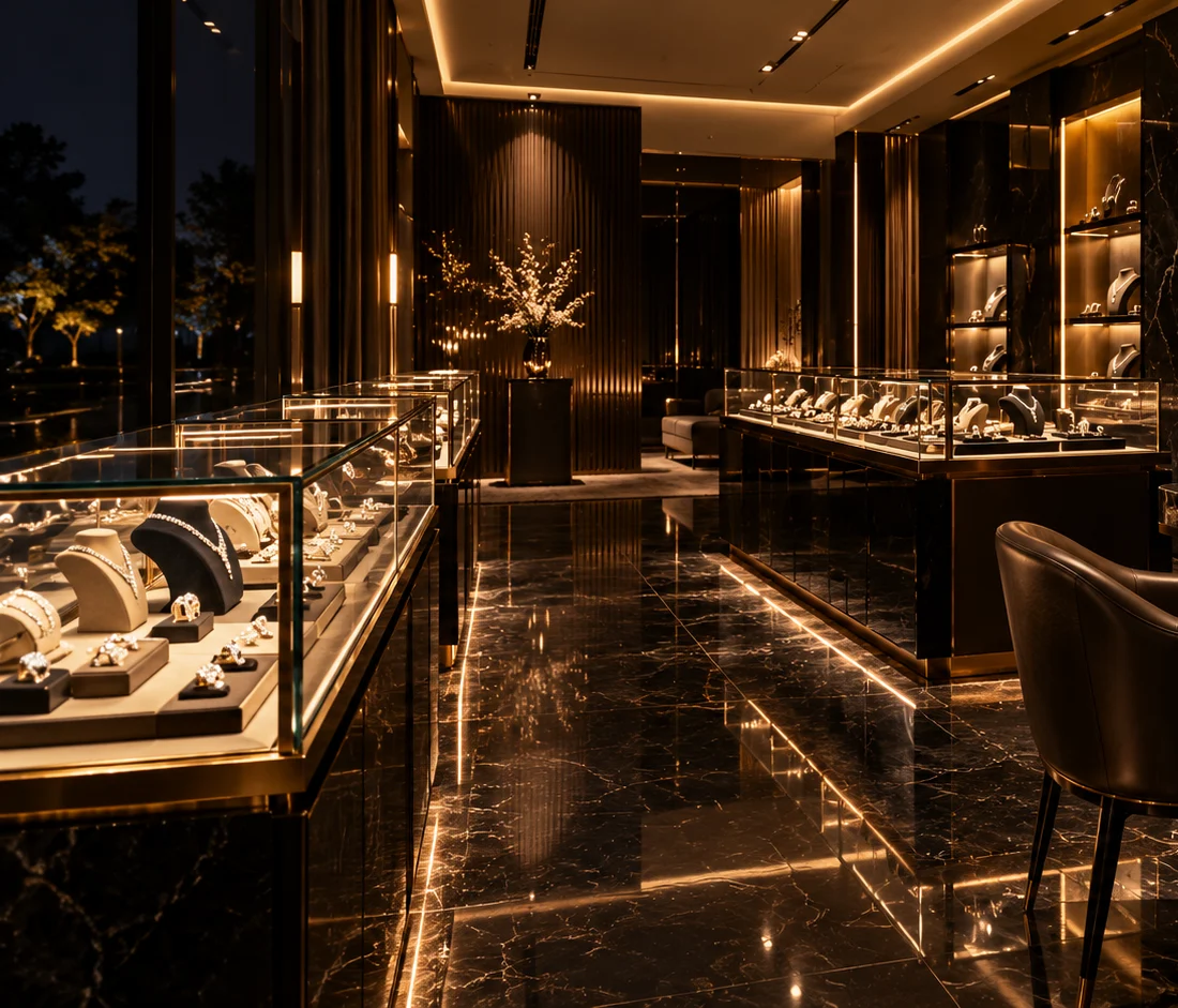 Lit display cases inside a jewellery showroom